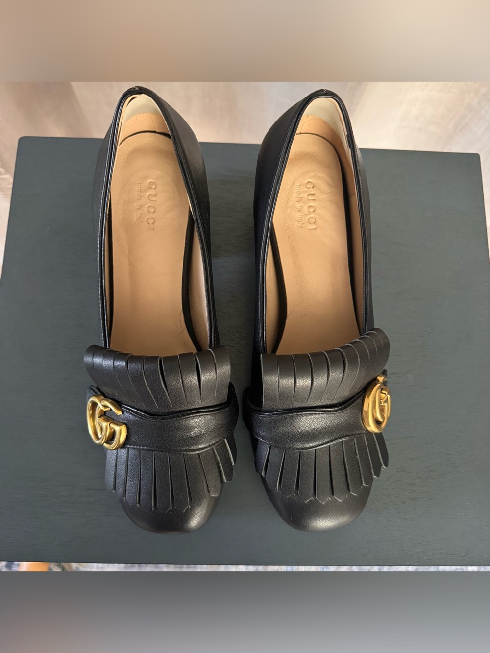 Gucci Marmont black leather low heels size 8 gold G black fringe - Picture 11 of 11